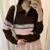 Suéter Polo de Rayas Retro para Mujer 2026 Otoño Invierno Nuevo Holgado Suave Pegajoso Moda Elegante Tejido Top