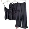 Pijama Estilo Zhao Lusi Pijama de Seda Helada Conjunto de Tres Piezas de Manga Larga y Pantalón Largo para Mujer Estilo Princesa Casual Delgado Ropa de Casa
