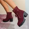 Comercio Exterior Otoño e Invierno Nuevas Botas de Moda de Tacón Alto y Grueso de Talla Grande para Mujer con Punta Redonda, Cierre de Cordones en la Espalda, Botas Cortas de Jinete