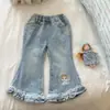 Roupas de Outono para Meninas Calças Calças Flare Estilo Coreano Novas Calças Longas de Desenho Animado Infantis Jeans para Bebês Conjuntos Tendência
