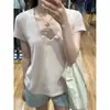 Camiseta de Linho e Algodão Fina com Decote V e Flocos de Neve para Mulheres, Verão, Redutora de Idade, Caimento Solto, Tamanho Grande, Cobre o Corpo, Camada Interna, Blusa de Manga Curta