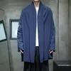 Novo Cardigan Jaqueta Masculino Estilo Chinês de Comprimento Médio com Lapela e Amarração de Tecido de Algodão e Linho Estilo Chinês Solto Zen Cerimônia do Chá Roupa de Fora Casual