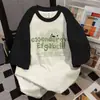 Camiseta de Manga Raglán Estilo Vintage Americano para Mujer con Costuras de Color Contrastante y Estampado de Letras Top Holgado Estilo Universitario