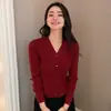 Cardigã de malha feminino elegante estilo coreano, cor sólida de caxemira, gola V canelada, corte justo afina a silhueta, para o trabalho, outono inicial novo