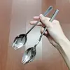 Cuchara y Tenedor Integrados Dentados de Acero Inoxidable Vajilla Coreana Creativa Dentada Cuchara y Tenedor Multifuncional para Té de la Tarde Ensalada Postre Cuchara y Tenedor