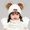 Conjunto de gorro, bufanda y guantes de punto para niños, conjunto cálido de otoño e invierno con gorro de orejeras y pompón, calentador de cuello con forro polar para niñas y bebés
