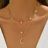 Joia Europeia e Americana Transfronteiriça Moda Diamante Estrela de Cinco Pontas Lua Crescente Pingente Camadas Múltiplas Usar Empilhado Colar Distintivo Corrente na Clavícula Colar
