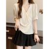 Camisa de manga corta con cuello en V para mujer de talla grande que cubre el abdomen Verano para mujer Hermana rellenita Cintura ajustada Adelgazante Hombro corto Top A3980
