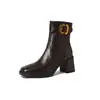 Botines Cortos de Punta Cuadrada con Tacón Grueso Estilo Francés para Mujer, Nuevo Estilo Otoño e Invierno 2026, Botines Versátiles con Hebilla de Cinturón Forrados de Lana, Botas Martin de Tacón Alto