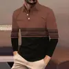 Camisa Polo Listrada Manga Longa Retrô para Homens, Top com Gola Respirável, Casual Solto, Não Amassa, Roupa Masculina para Negócios
