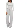Atacado 2026 Transfronteiriço Europa América Amazon Novo Produto Cor Sólida Casual Conjunto de Manga Longa Top Calça de Cintura Alta Wide Leg Esporte