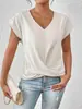 Camiseta casual de estilo transfronterizo para mujer, con cuello en V, diseño retorcido, manga corta con hombros enrollados, color liso, dobladillo suelto y diseño cruzado.