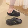 Pantuflas de suela gruesa con hebilla de cuero, que aumentan la altura, de lana, retro, para mujer, de punta cerrada, sin cordones, otoño e invierno, zuecos, para usar en exteriores