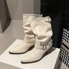 Botines Blancos de Tacón Grueso y Punta Fina para Mujer Otoño Temprano Nuevos Botas Estilo Británico Hebilla de Cinturón Elegantes Botas de Media Pantorrilla