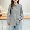 Especial 100kg Roupas de outono plus size para mulheres gordinhas, camisa listrada com bordado de desenho animado jovem e fresca 0719