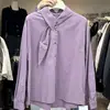 Camisa Manga Longa Cor Sólida Estilo Coreano Primavera e Outono com Gravata Borboleta, Top Fashionável de Corte Solto, Estilo da Moda