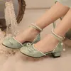 Nuevas Sandalias Chinas Baotou Ligeras Nacionales Zapatos de Tacón Medio para Cheongsam Sandalias Hanfu de Tacón Grueso con Perlas 28-43 Zapatos de Comercio Exterior para Padres e Hijos