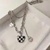Colar Corrente de Suéter Xadrez Urso Camada Dupla para Mulheres, Corrente de Suéter Hip-Hop Tendência, Acessório de Aço Titânio Outono e Inverno Não Desbota