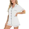 Toma Real de Nuevo Conjunto de Pijama Cardigan de Estilo Europeo y Americano Transfronterizo, Conjunto Casual de Ropa de Casa para Mujer con Solapa, Conjunto de Dos Piezas con Pantalones Cortos y Manga Corta