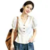 Blusa Gris con Mangas Abullonadas Estilo Francés Moda Femenina Chic Súper Bonita Estilo para Ir al Trabajo Cuello en V Talla Grande Adelgazante Temperamento Ropa de Mujer