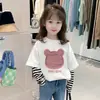 Camiseta de algodón puro para niña, cuello redondo, retazos, manga larga, nueva ropa de otoño para niños, capa base, imitación de dos piezas, top a rayas para niña