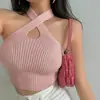 Novo Colete de Malha Sexy de Verão para Meninas, Cruzado, com Gola Halter, Vazado, Curto e Revelador do Umbigo
