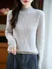 10 blusas de tricô femininas para outono e inverno, gola semi-alta, afunilada, grossa, manga longa, pulôver, lã, cor sólida, trança, sete pontos, rosa
