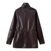 Comercio Exterior Otoño e Invierno Nueva Ropa de Mujer Moda Europea y Americana Sencilla Cuello Alto Cintura con Cordón Manga Larga Longitud Media Chaqueta de Cuero