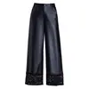 Calça de couro rendada vazada para mulheres, calça cropped de perna larga, novo estilo outono e inverno 2026, de alta qualidade, modelagem solta, com caimento fluido, calça estilosa e moderna