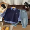 Conjunto de Ropa de Primavera y Otoño para Niños 2025 Nuevo Estilo Coreano para Niños Moda para Bebés de Primavera Suéter Chaleco de Manga Larga Conjunto de Tres Piezas