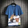 Camiseta de Manga Corta de Algodón Puro con Gato de Dibujos Animados para Hombre Verano Fina 2021 Nueva Versátil Holgada de Marca de Moda Camiseta de Media Manga