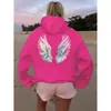 Sudadera de Felpa para Mujer de Comercio Exterior Transfronterizo con Capucha Alada, Bolsillo Canguro Estampado, Cordón de Ajuste y Sudadera con Capucha Estampada
