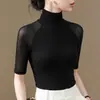Nueva Camiseta Negra de Manga Media para Mujer Primavera y Otoño 2026, Cuello Alto, Corte Ajustado, Ligera, Manga Tres Cuartos, Top de Malla de Alta Gama