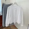 Elegante camisa de estilo japonés con pliegues y ribete de encaje para mujer, holgada y versátil, de manga larga y cuello redondo para otoño