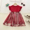 Vestido de Malla Roja con Bordado de Mariposas Estilo Coreano para Niñas, Vestido de Punto, Venta Caliente Transfronteriza