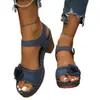 Sandálias de Salto Alto com Salto Bloco, Tamanho Grande, Em Estoque, com Decoração Floral, Estilo Europeu e Americano Elegante, Bico Redondo, Feminino