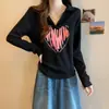 Camiseta Polo de Manga Larga con Cuello Corazón para Mujer Talla Grande, Estilo Coreano, Diseño Holgado, Estampado de Letras, Top Adelgazante