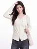 Top de punto patchwork estilo ropa de trabajo casual con bolsillos abotonados, nueva colección de otoño, camiseta de manga larga de moda para mujer