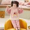 Pijama infantil de flanela e fleece coral para alunos do ensino fundamental, conjunto de fleece outono e inverno para meninas, design de desenho animado para meninas e crianças mais velhas