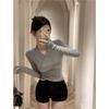 [40 Piezas Modal 260g Rayón] Camiseta de Manga Larga con Cuello en V para Mujer Ins Nicho Cintura Ajustada Top Corto
