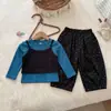Conjunto Novo Estilo Outono para Meninas, Conjunto de Duas Peças Brilhante Azul Pavão Estilo Coreano Falso Top Duas Peças Calças de Bolinha Estilo Vovó