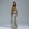 YECHUAN # Jeans de trabajo estilo americano color caqui de pierna ancha para mujer, pantalones casuales multibolsillos, pantalones de pierna curva holgados que estilizan
