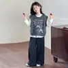 Conjunto de Roupa de Baixo com Colete para Meninas de Tamanho Médio e Grande Outono Primavera e Outono Roupas Infantis Conjunto de Duas Peças Colete de Tricô para Meninas