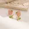 Brincos Elegantes e Modernos de Flor Rosa com Gotejamento de Óleo em Aço Inoxidável 304 para Mulheres, Não Desbotam, Brincos de Luxo Leve de Alta Qualidade, Atacado