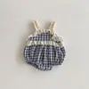 Macacão de Renda Novo Estilo para Meninas com Suspensórios, Macacão Xadrez Estilo Coreano para Bebês Meninas, Conjunto Listrado Estiloso para Exterior, Tendência de Verão