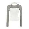 Camiseta Manga Longa Gola Halter Estilo Desejo Puro Falsa Duas Peças Feminina Outono 2026 Design Color Block Modelagem Justa Top Base Valorizador