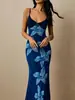 Vestido largo de verano francés transfronterizo con cuello en V y estampado de lirios, entallado a la cintura, sexy y elegante estilo INS para la noche