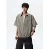 Camisa de Manga Corta a Cuadros Falsa de Dos Piezas Color Caqui para Hombre en Verano Estilo Retro Americano Ropa de Trabajo Casual Holgada Camisa Semi Abierta