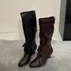 Versión de cuero~Botas altas de cordones con punta fina estilo coreano para mujer, botas vintage de tacón grueso fruncidas apiladas, botas de ajuste ceñido, botas de montar