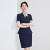 Verão 2026 Novo Estilo Fino Casual Elegante Azul Manga Curta Conjunto Profissional com Saia Bodycon para Mulheres